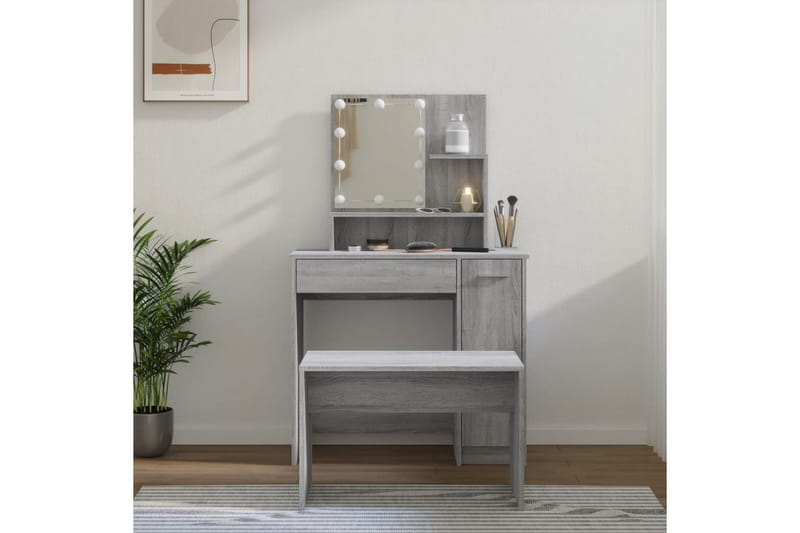 beBasic Sminkebordsett med LED grå sonoma konstruert tre - GrÃ¥ - Møbler - Bord - Sminkebord & toalettbord