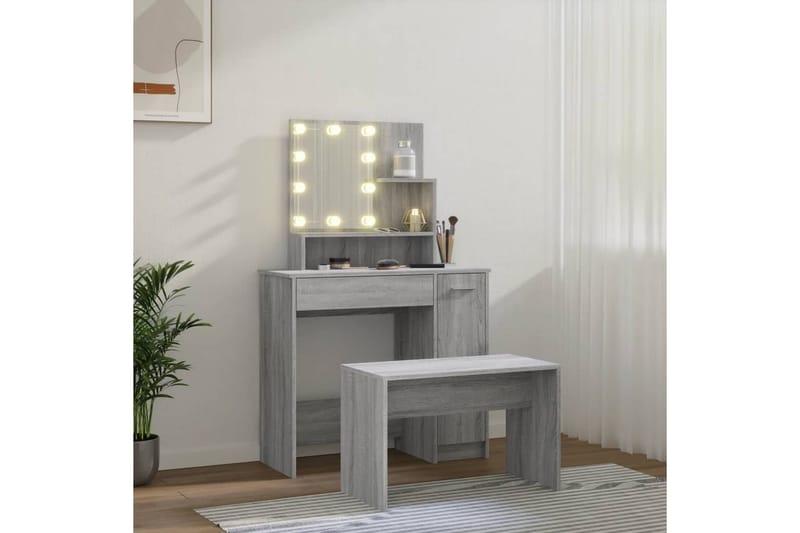 beBasic Sminkebordsett med LED grå sonoma konstruert tre - GrÃ¥ - Møbler - Bord - Sminkebord & toalettbord