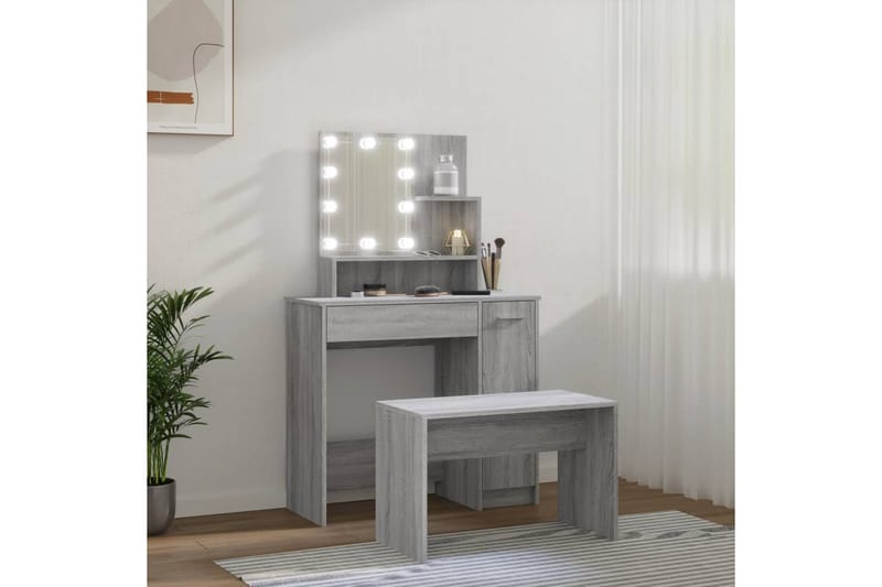 beBasic Sminkebordsett med LED grå sonoma konstruert tre - GrÃ¥ - Møbler - Bord - Sminkebord & toalettbord