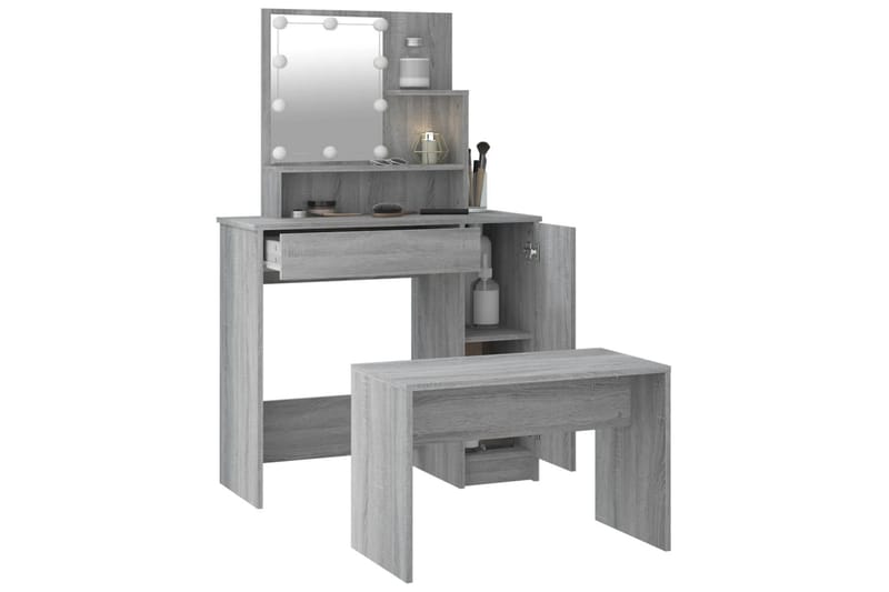 beBasic Sminkebordsett med LED grå sonoma konstruert tre - GrÃ¥ - Møbler - Bord - Sminkebord & toalettbord