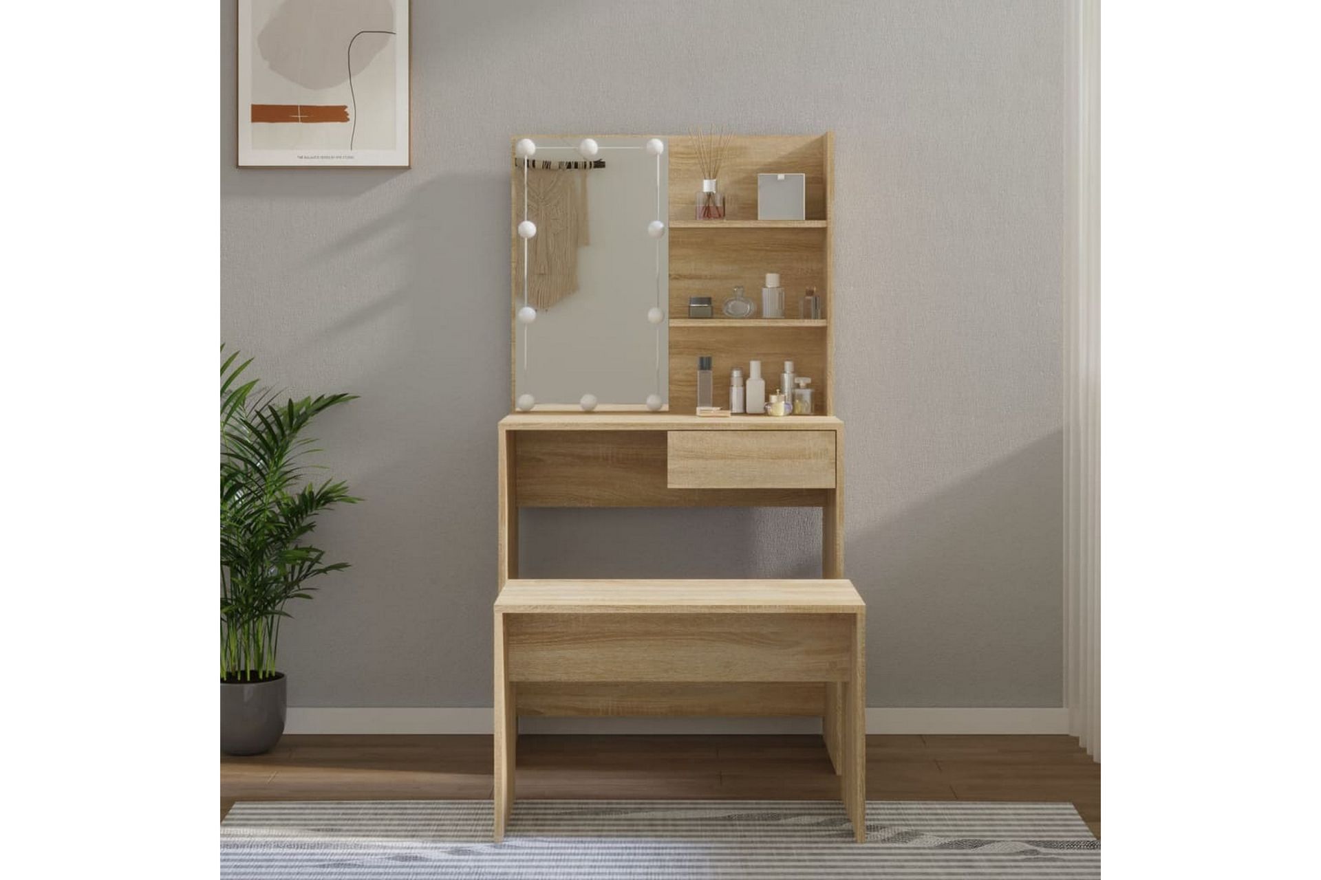 beBasic Sminkebordsett med LED sonoma eik konstruert tre - Brun - Møbler - Bord - Sminkebord & toalettbord