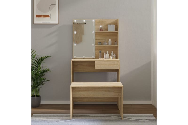 beBasic Sminkebordsett med LED sonoma eik konstruert tre - Brun - Møbler - Bord - Sminkebord & toalettbord