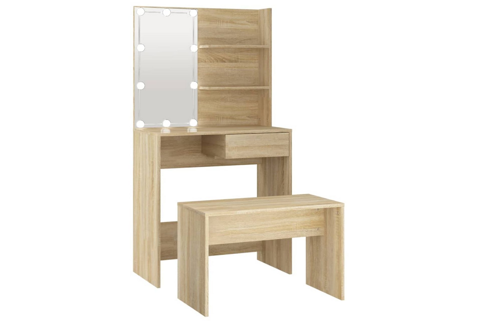 beBasic Sminkebordsett med LED sonoma eik konstruert tre - Brun - Møbler - Bord - Sminkebord & toalettbord