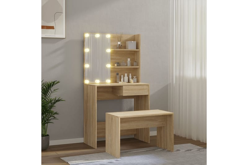 beBasic Sminkebordsett med LED sonoma eik konstruert tre - Brun - Møbler - Bord - Sminkebord & toalettbord