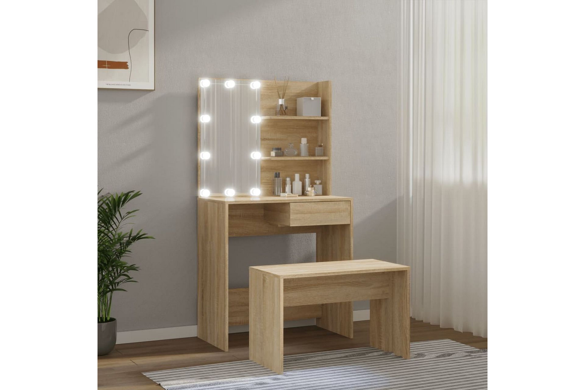 beBasic Sminkebordsett med LED sonoma eik konstruert tre - Brun - Møbler - Bord - Sminkebord & toalettbord