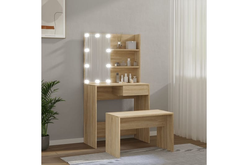 beBasic Sminkebordsett med LED sonoma eik konstruert tre - Brun - Møbler - Bord - Sminkebord & toalettbord