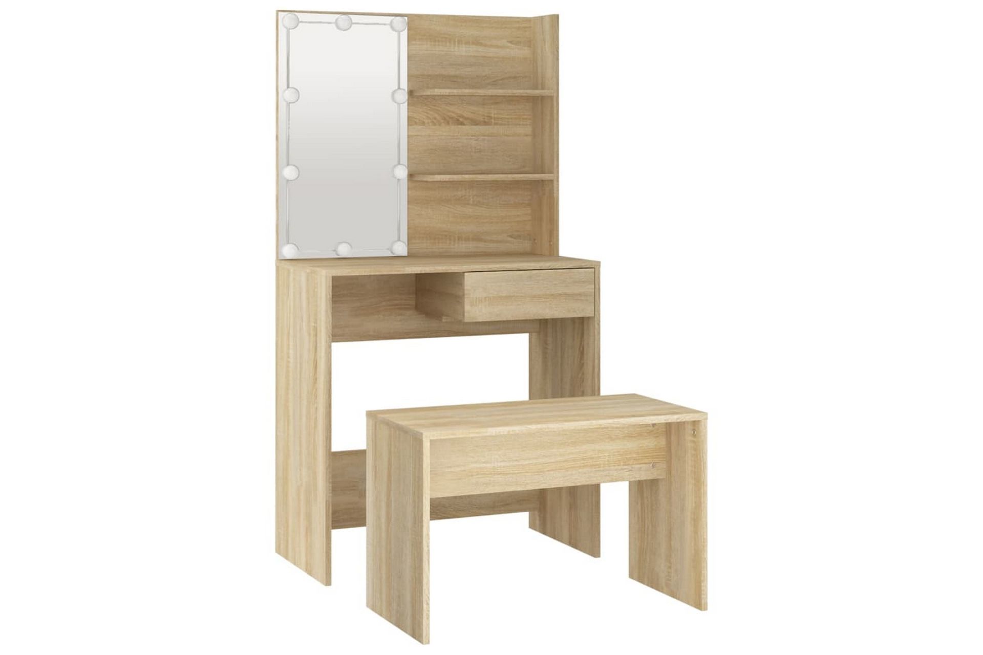 beBasic Sminkebordsett med LED sonoma eik konstruert tre - Brun - Møbler - Bord - Sminkebord & toalettbord