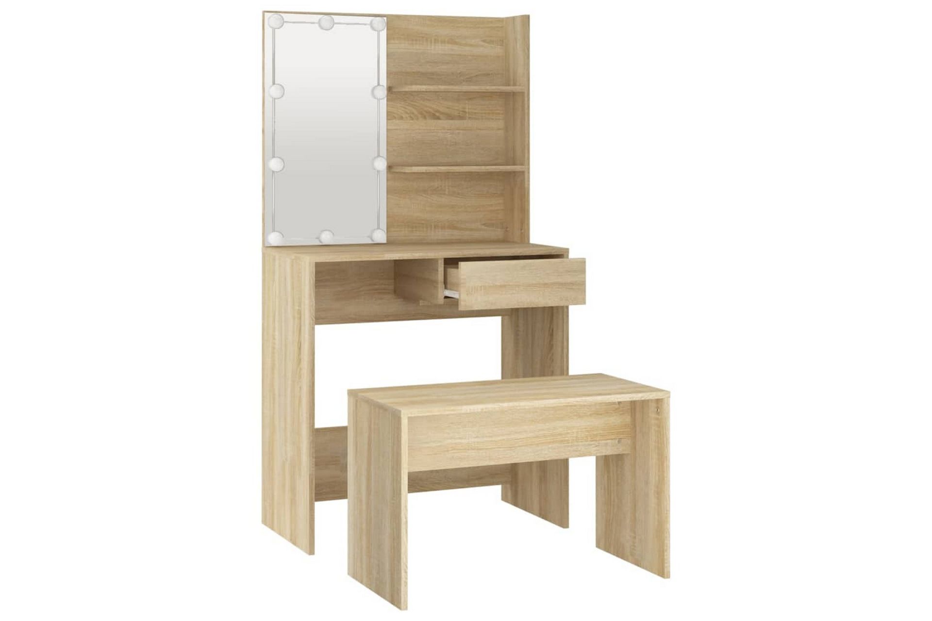 beBasic Sminkebordsett med LED sonoma eik konstruert tre - Brun - Møbler - Bord - Sminkebord & toalettbord