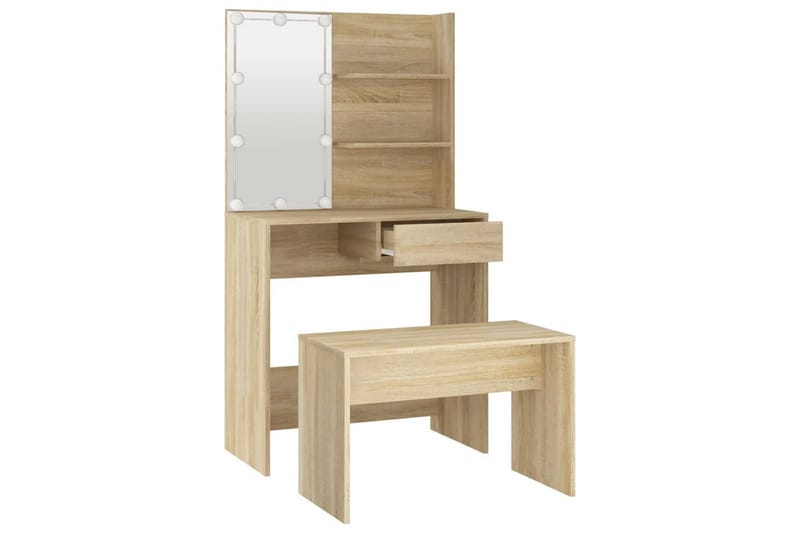 beBasic Sminkebordsett med LED sonoma eik konstruert tre - Brun - Møbler - Bord - Sminkebord & toalettbord