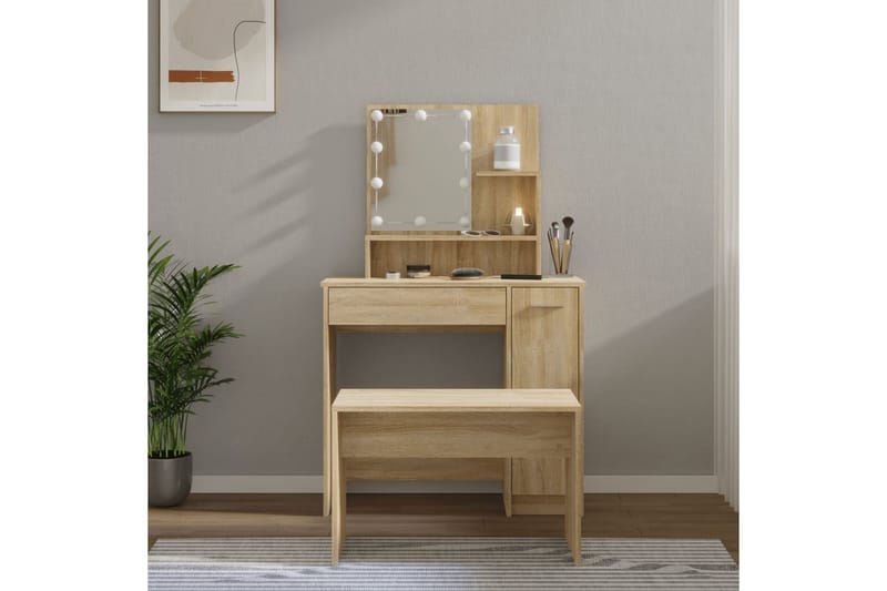 beBasic Sminkebordsett med LED sonoma eik konstruert tre - Brun - Møbler - Bord - Sminkebord & toalettbord