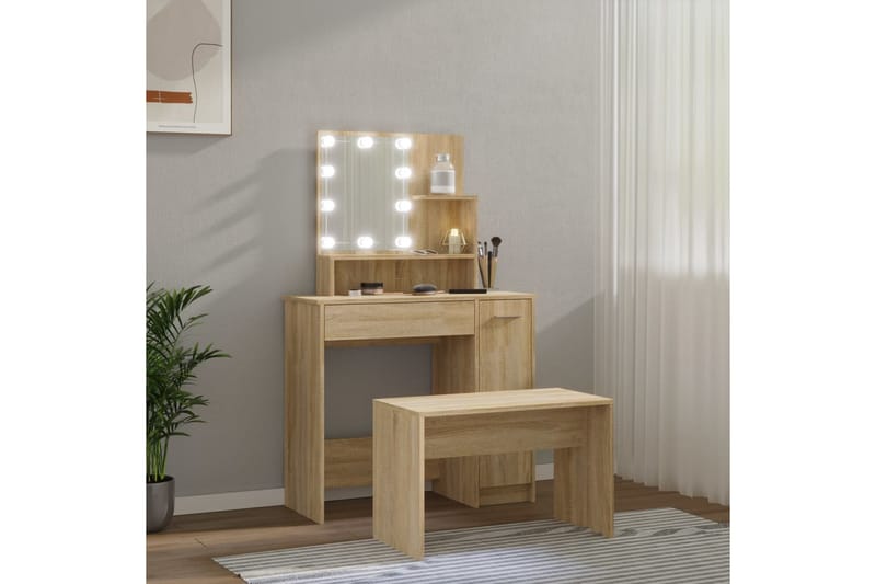 beBasic Sminkebordsett med LED sonoma eik konstruert tre - Brun - Møbler - Bord - Sminkebord & toalettbord