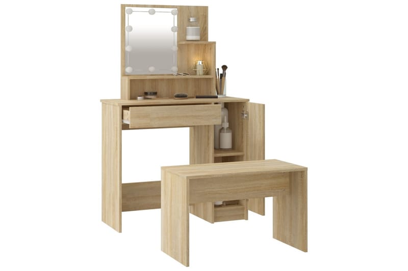 beBasic Sminkebordsett med LED sonoma eik konstruert tre - Brun - Møbler - Bord - Sminkebord & toalettbord