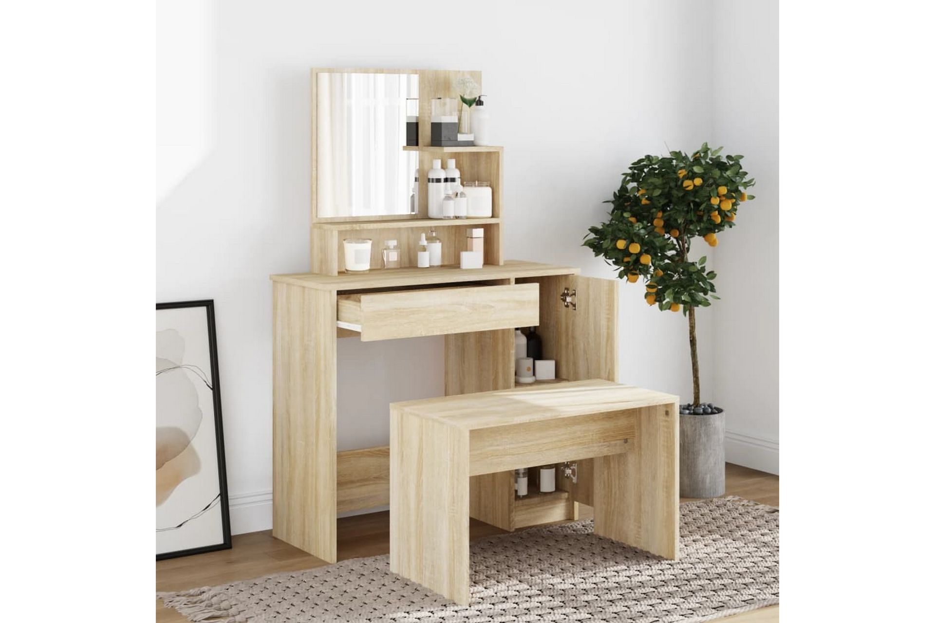 beBasic Sminkebordsett sonoma eik 86,5x35x136 cm - Brun - Møbler - Bord - Sminkebord & toalettbord
