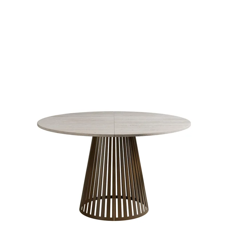 Beylen Rundt Uttrekkbart Spisebord 120–196 cm, beige travertin/kobber