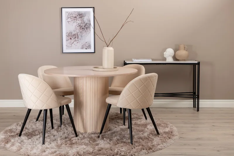 Biana Spisegruppe 100 cm Rund inkl. 4 Velvets Stoler, Beige/Svart