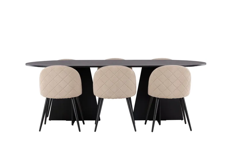 Bootcut Spisegruppe 230 cm Rektangulær med 6 Velvet Stoler, Beige