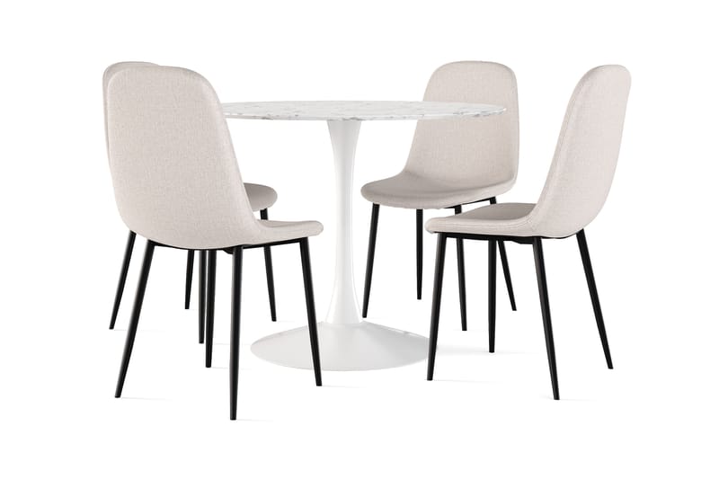 Caitly Spisebord 100 cm Rundt hvit base + 4 stk Nibe stol beige med svarte ben, Hvit/Beige