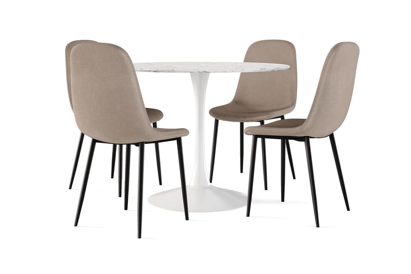 Caitly Spisebord 100 cm Rundt hvit base + 4 stk Nibe stol brun med svarte ben, Hvit/Brun