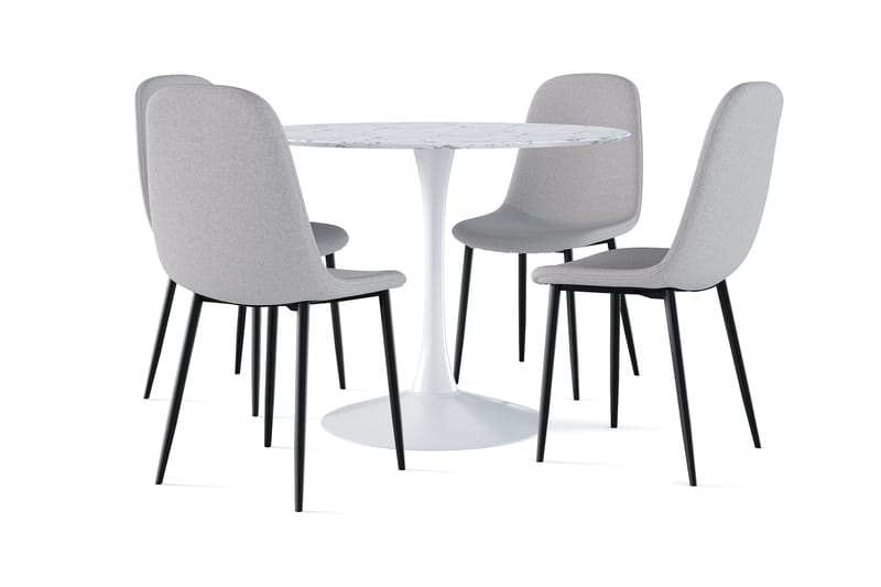 Caitly Spisebord 100 cm Rundt hvit base + 4 stk Nibe stol grå med svarte ben, Hvit/Grå