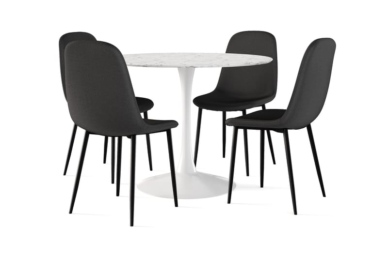 Caitly Spisebord 100 cm Rundt hvit base + 4 stk Nibe stol svart med svarte ben, Hvit/Svart