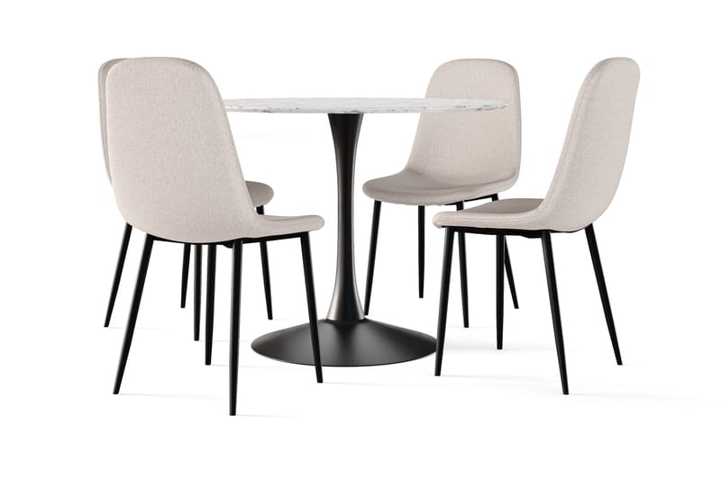 Caitly Spisebord 100 cm Rundt Svart base + 4 stk Nibe stol beige med svarte ben, Hvit/Svart/Beige