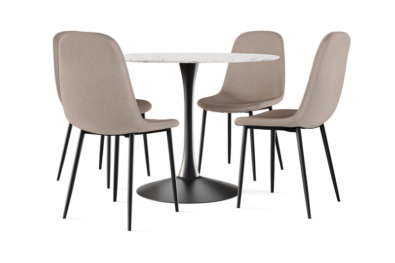 Caitly Spisebord 100 cm Rundt Svart base + 4 stk Nibe stol brun med svarte ben, Hvit/Svart/Brun