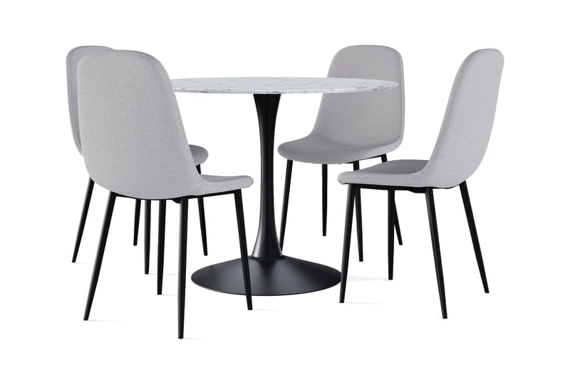 Caitly Spisebord 100 cm Rundt Svart base + 4 stk Nibe stol grå med svarte ben, Hvit/Svart/Grå