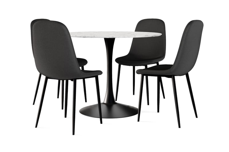 Caitly Spisebord 100 cm Rundt Svart base + 4 stk Nibe stol svart med svarte ben, Hvit/Svart