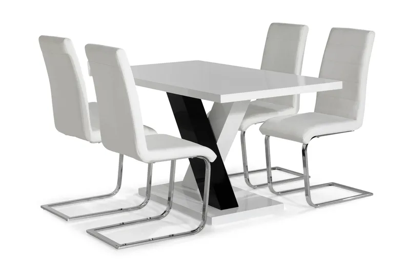 Cesi Spisegruppe 140 cm med 4 Cibus Stol, Hvit/Svart/Svart PU/Krom