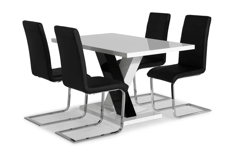 Cesi Spisegruppe 140 cm med 4 Cibus Stoler, Hvit/Svart/Svart PU/Krom