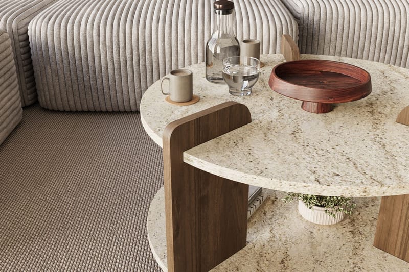 Cindral sofabord 70 cm rundt - Travertin og Valnøtt - Møbler - Bord - Sofabord