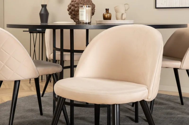 Copenhagen Rund Spisegruppe 140 cm med 4 Velvet Spisestoler - svart og beige - Møbler - Bord - Spisegrupper