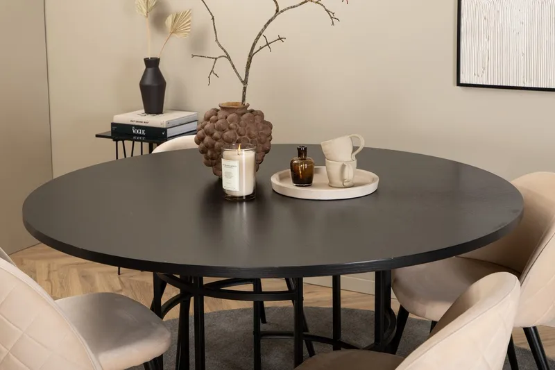 Copenhagen Rund Spisegruppe 140 cm med 4 Velvet Spisestoler - svart og beige - Møbler - Bord - Spisegrupper