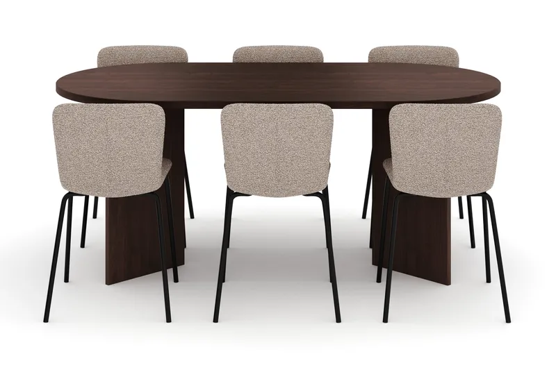 Dano Oval Spisegruppe 180 cm – Spisebord med 6 Katy Spisestoler med Tre- og Valnøttutseende - Brun|Greige - Møbler - Bord - Spisegrupper