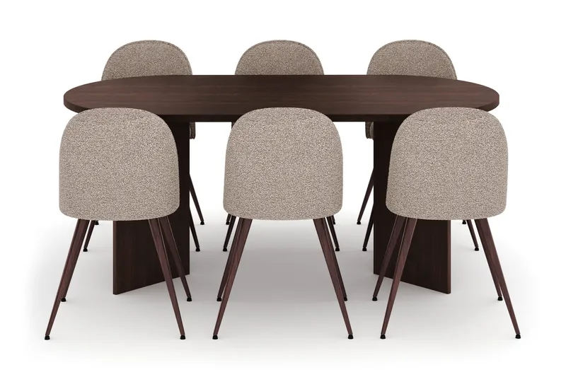 Dano Oval Spisegruppe 180 cm – Spisebord med 6 Nibe Plus Spisestoler med Tre- og Valnøttutseende - Brun|Greige - Møbler - Bord - Spisegrupper