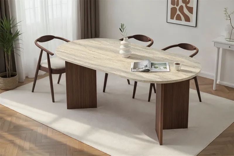 Dano Ovalt Spisebord 180x90 cm med Travertin- og Valnøttutseende - Beige - Møbler - Bord - Spisebord & kjøkkenbord