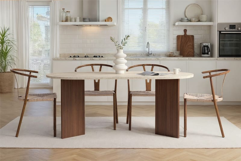 Dano Ovalt Spisebord 180x90 cm med Travertin- og Valnøttutseende - Beige - Møbler - Bord - Spisebord & kjøkkenbord