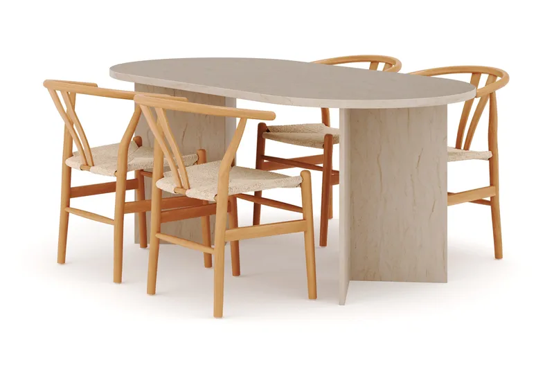 Dano Spisebord 180 cm med 4 Dastoori Spisestoler, Travertin / Natur