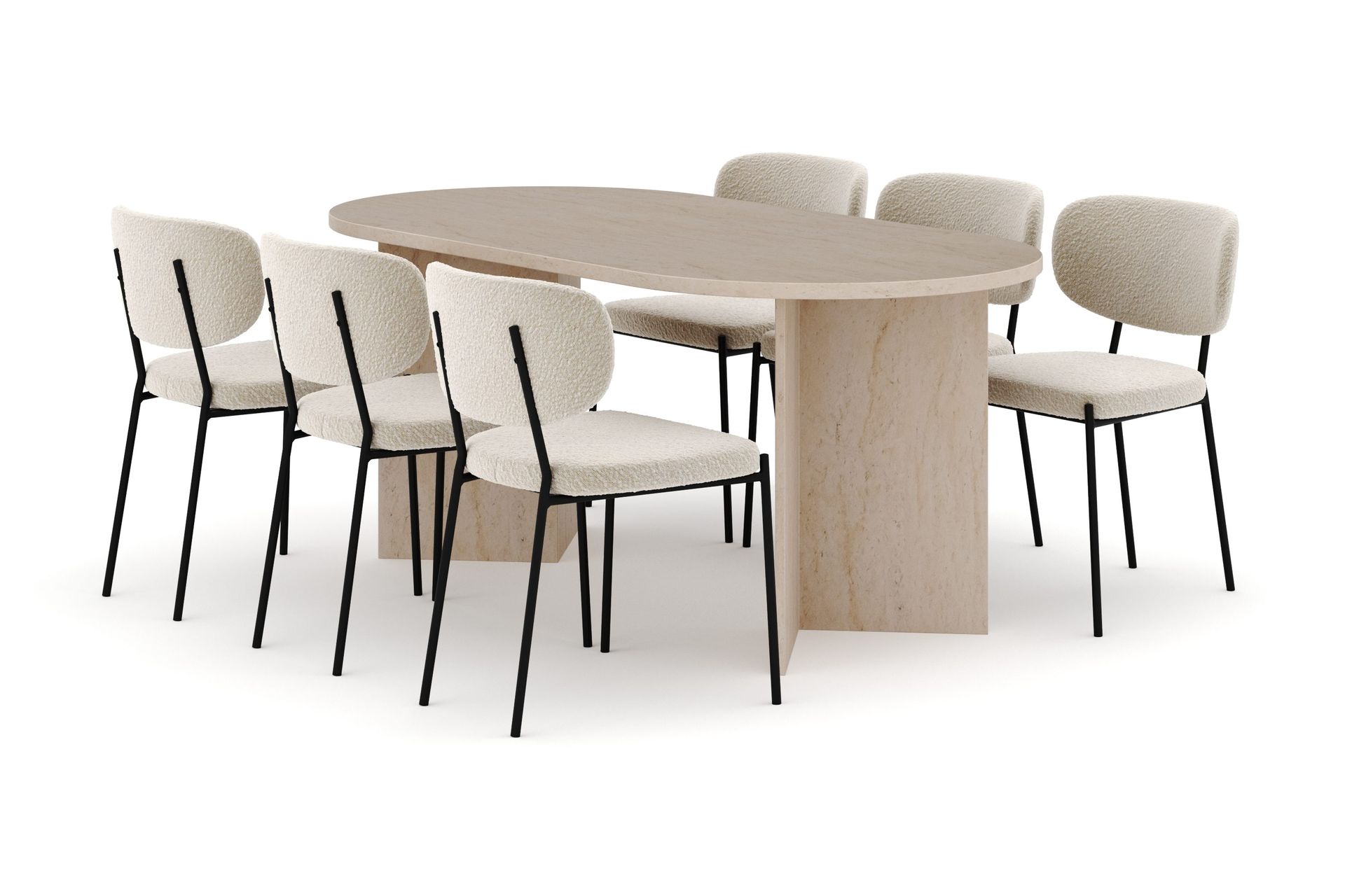 Dano Spisebord 180 cm med 6 Gemmiano Spisestoler - Travertin / Hvit Bouclé