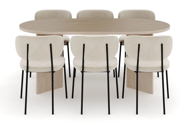 Dano Spisebord 180 cm med 6 Gemmiano Spisestoler - Travertin / Hvit Bouclé - Møbler - Bord - Spisegrupper
