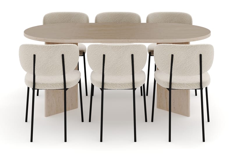 Dano Spisebord 180 cm med 6 Gemmiano Spisestoler - Travertin / Hvit Bouclé - Møbler - Bord - Spisegrupper