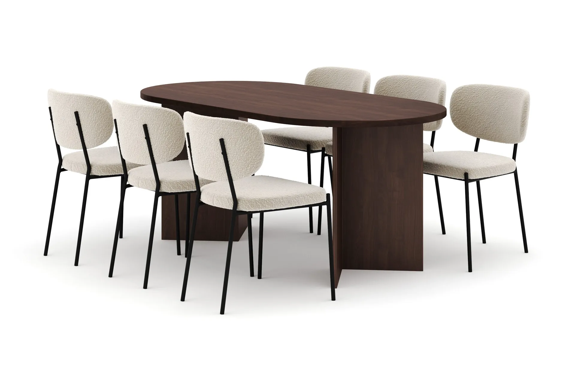 Dano Spisebord 180 cm med 6 Gemmiano Spisestoler - Valnøtt / Hvit Bouclé
