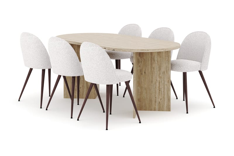 Dano Spisebord 180 cm med 6 Nibe Plus Spisestoler, Travertin / Hvit