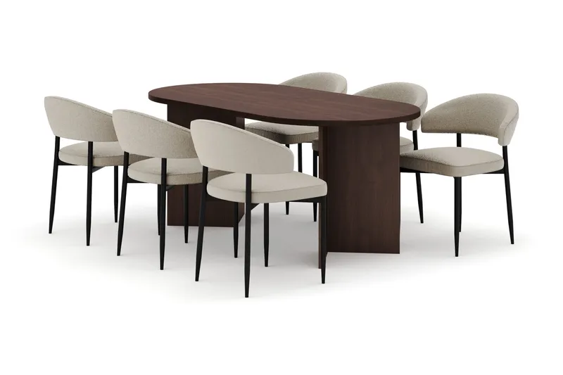 Dano Spisebord 180 cm med 6 Sawako Spisestoler, Valnøtt / Beige