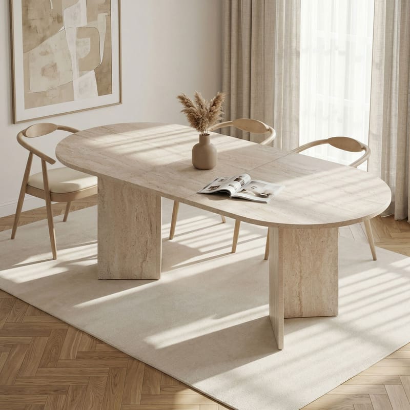 Dano Uttrekkbart Ovalt Spisebord 160-200x90 cm med Travertinutseende - Beige - Møbler - Bord - Spisebord & kjøkkenbord