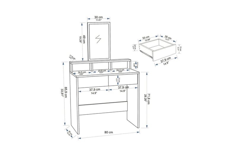 Dasina Sminkebord 80 cm - Hvit - Møbler - Bord - Sminkebord & toalettbord - Sminkebord med speil