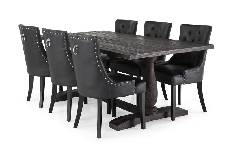 Dijon Spisegruppe 200 cm Rektangulært Spisebord med 6 Tuva Stoler, Vintage Tre / Svart PU