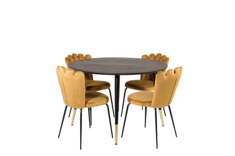 Dipp Spisegruppe 115 cm Rund med 4 Limhamn Stoler, Sort/Guld