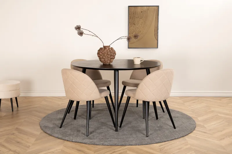 Dipp Spisegruppe 115 cm Rund med 4 Velvet Stoler - Beige - Møbler - Bord - Spisegrupper
