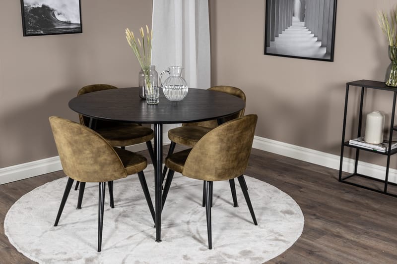 Dipp Spisegruppe 115 cm Rund med 4 Velvet Stoler - Sort - Møbler - Bord - Spisegrupper
